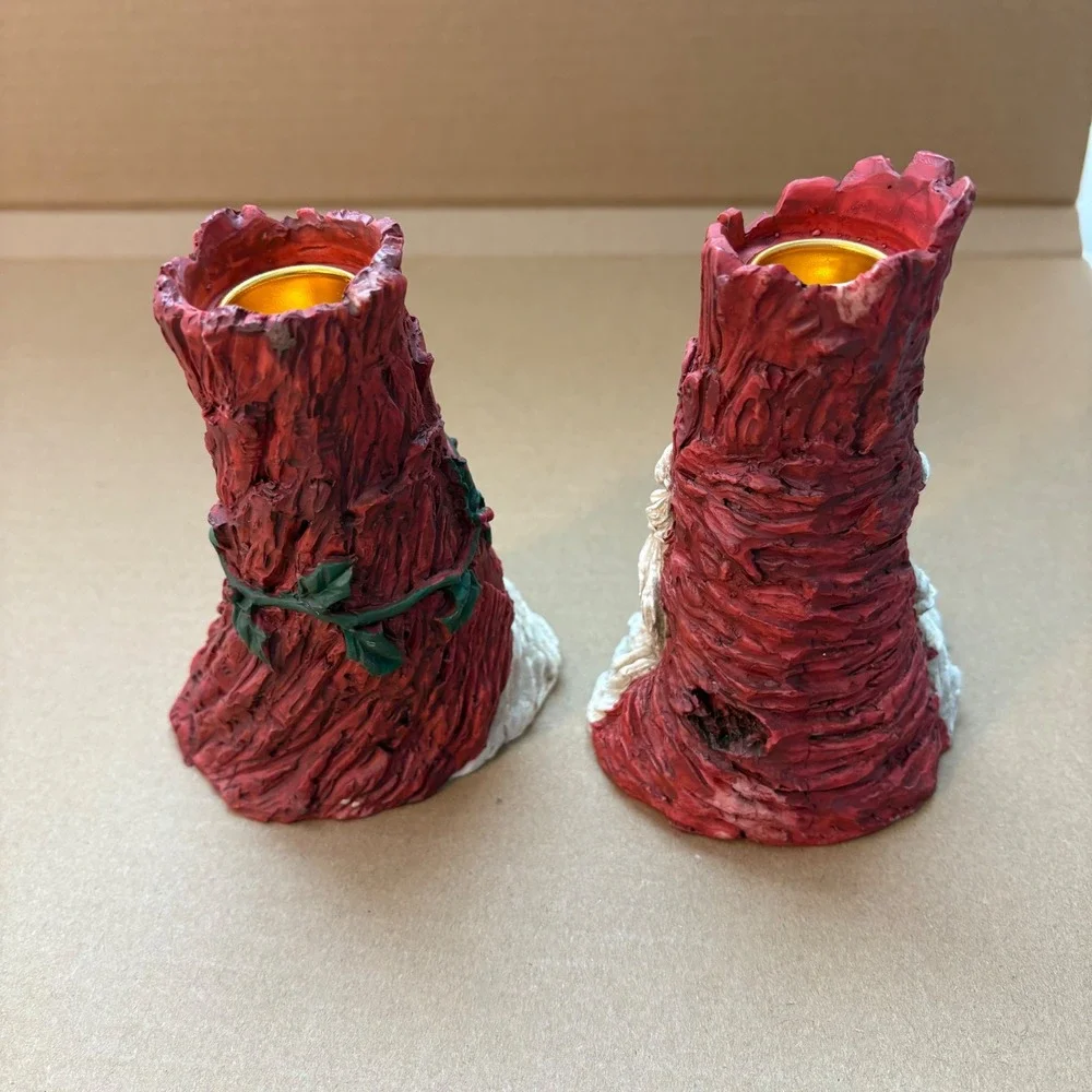 Vintage Set of 2 Santa Claus Face Tree‎ Trunk Candlestick Holders Red Holly